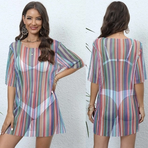Robe de Plage en Maille à Rayures Verticales Colorées pour Femmes Col Rond Manches Courtes Transparent Bikini Cache-Maillot