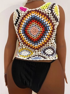 Bohemian crochet crop top with colorful mandala patterns and hollow knit design
