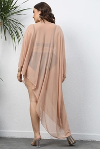 Elegant pink mesh beach cover-up dress with asymmetrical hem and crochet detail