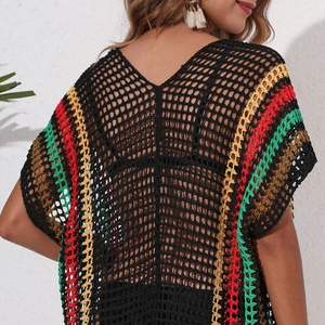 Detailed back view of crochet beach cover-up featuring colorful stripes and V-neckline