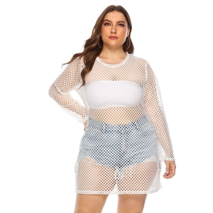 Robe de plage grande taille en résille blanche à manches longues avec maille ajourée