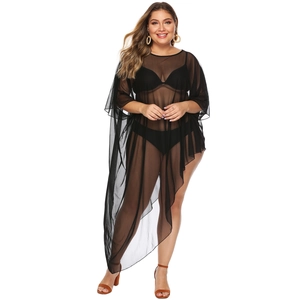 Detail of plus size black mesh beach cover-up with irregular hem and batwing sleeves
