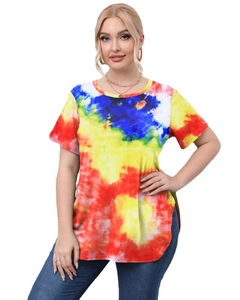 Plus size women's round neck tie-dye short sleeve top with side slits in multi-color