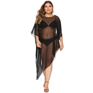 Plus size black sheer mesh beach cover-up with batwing sleeves and asymmetrical hem