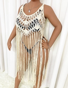 Beige crochet beach cover-up featuring fringe hem and geometric openwork knit pattern