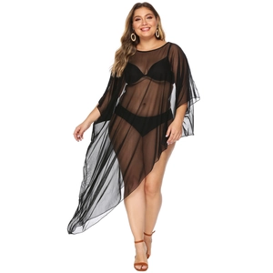 Detail of plus size black mesh bikini cover-up with irregular hem and sheer texture