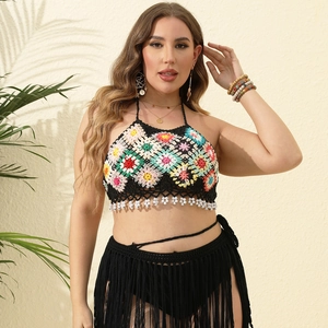 Handmade crochet boho bikini top with colorful granny squares and tassel details