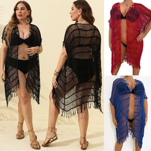 Damen Plus Size Häkel Strand Überwurf Lochstrick Fransen Offene Front Strickjacke Sommer Badeanzug Cover Up Cardigan