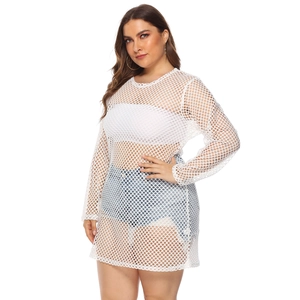 Robe de plage grande taille en résille blanche à manches longues avec col rond chic
