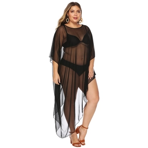 Detail of sheer black mesh beach cover-up dress showing lightweight see-through texture
