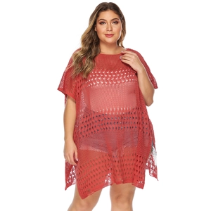 Robe de plage au crochet rouge rouille grande taille avec manches chauve-souris