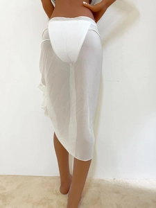 Rear view of long white sheer chiffon beach wrap skirt with semi-transparent texture