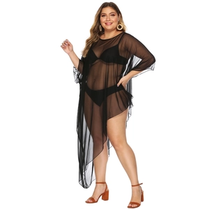 Detail of plus size black mesh cover-up with sheer texture and asymmetrical hemline