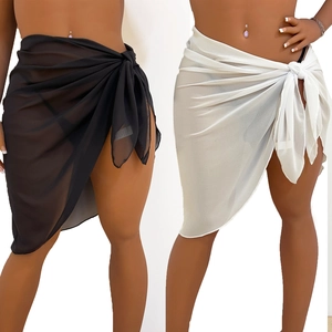 Women Plus Size Chiffon Beach Sarong Sexy Sheer One Piece Lace Up Wrap Skirt Summer Swimwear Cover Up Solid Color Scarf