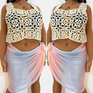 Bohemian multicolored crochet crop top and gradient wrap skirt set for women
