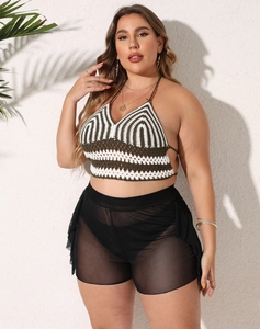 Plus size crochet halter top and sheer mesh ruffle shorts beach set for women