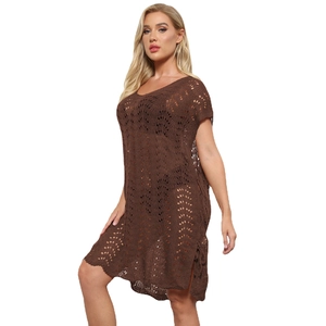 Häkel-Strandkleid für Damen in Kaffeebraun mit geometrischem Lochmuster und Seitenschlitzen