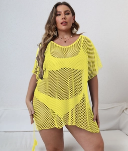Copricostume da spiaggia in rete giallo neon con nappe a coulisse per le vacanze