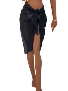 Sexy black sheer chiffon wrap sarong skirt with tie closure for women's beachwear