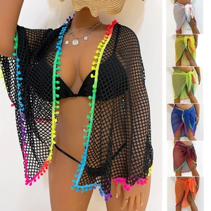 Women Sexy Mesh Beach Sarong Pom Pom Trim Crochet Wrap Skirt One Piece Beach Cover Up For Bikini Swimwear Vacation