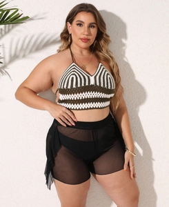 Women crochet knit halter top with ruffle black mesh shorts beach two-piece set