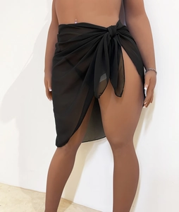 Women's sexy black sheer chiffon beach sarong wrap with adjustable tie waist