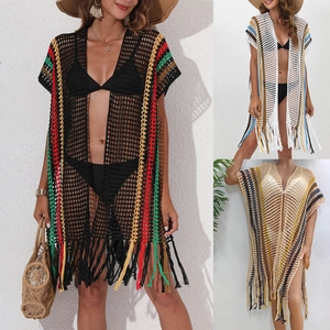 Women Crochet Beach Cover Up Hollow Out Fringe Tassels Striped Color Block Open Front Bikini Swimsuit Vacation Cardigan