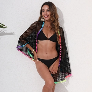 Cache-maillot de bain en maille noire pour femme avec bordures à pompons multicolores