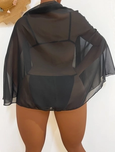 Rear view of lightweight black sheer chiffon beach cover-up wrap over bikini set