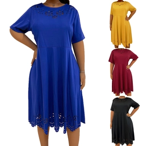 Detail of laser-cut floral hollow patterns on crew neck short sleeve summer dress