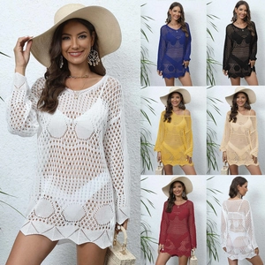 Women Crochet Hollow Out Beach Cover Up Dress Long Sleeve Solid Color See Through Knitted Vacation Swimwear Mini Dress