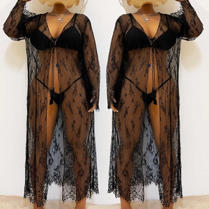 Cache-maillot de plage en dentelle noire grande taille avec motif floral et lien noué