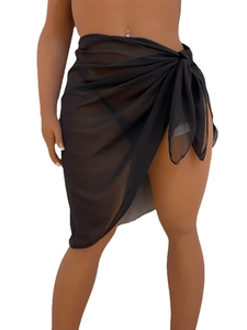 Sexy black sheer chiffon wrap skirt with side tie for beachwear and summer cover up