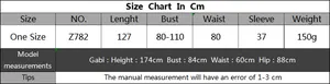 Detailed size chart in CM for the lace beach cardigan with model measurement reference