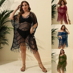 Women Plus Size Hollow Out Crochet Beach Cover Up Dress Tassel V Neck Acrylic Swimwear Resort Smock For Vacation