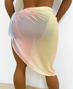 Rear view of tie-side mesh sarong with blue, pink and yellow gradient pattern