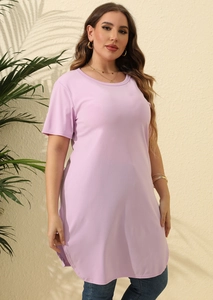 Detail of lavender plus size longline T-shirt with curved hem and side slit design