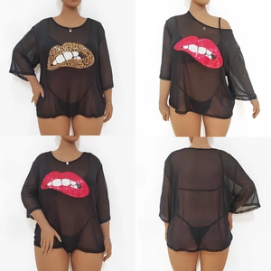Plus Size Sexy Women Sheer Mesh Top Lips Sequin Applique Perspective Short Sleeve T-Shirt Loose Casual Summer Beach Cover-Up