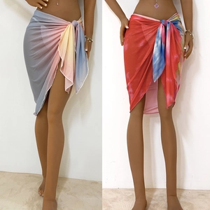 Women Sexy Sheer Mesh Beach Sarong Wrap Skirt Summer Tie Dye Gradient Cover Up Beachwear Vacation Swimwear Scarf