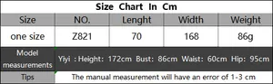 Size chart detail for polka dot beach wrap skirt showing dimensions 70x168cm in centimeters