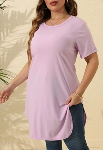 Detail view of lavender plus size longline t-shirt with side slits and soft fabric texture
