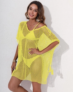 Sexy yellow mesh crochet beach cover-up dress with tassel details for women's vacation