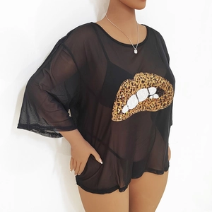 Close-up of leopard print sequin lips on black sheer mesh plus size t-shirt top
