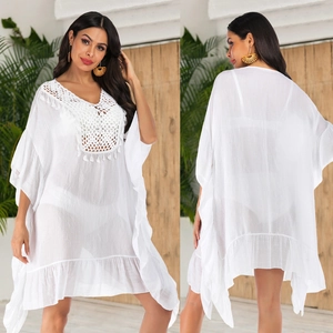 Sortie de Plage en Crochet pour Femmes Avec Glands Col en V Ourlet à Volants Ample Vacances Maillots de Bain Blanc