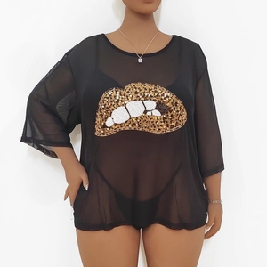 Close-up of leopard lip sequin embroidery on black sheer mesh plus size T-shirt