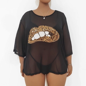 Plus size black mesh T-shirt for women featuring a leopard print sequin lip applique