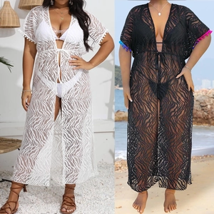 Copricostume da Bagno da Donna Sexy con Scollo a V Profondo in Pizzo Trasparente Copertura per Bikini da Spiaggia con Bordo a Pompon e Spacco con Coulisse