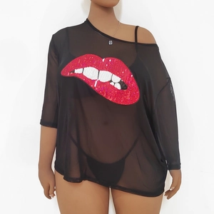 Detail of sheer black mesh top with red sequin lips applique and round neckline