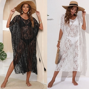 Women Sexy Lace Beach Cover Up Floral See Through V Neck Batwing Sleeve Kaftan With Tassel Side Slit Long Vacation Swimwear