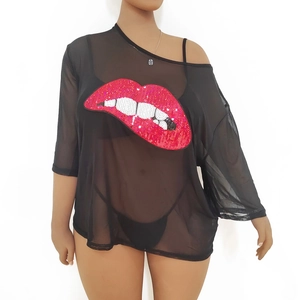 Plus size black sheer mesh T-shirt featuring sequin lip applique and off-shoulder design